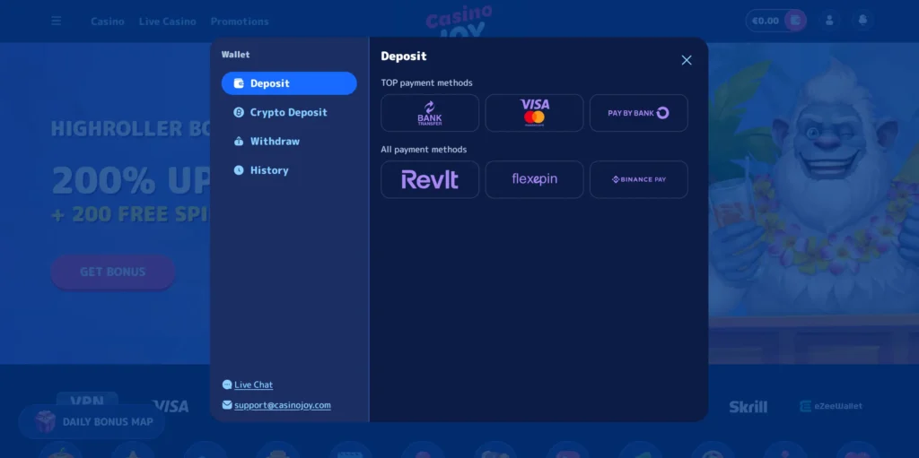 CasinoJoy deposit methods.