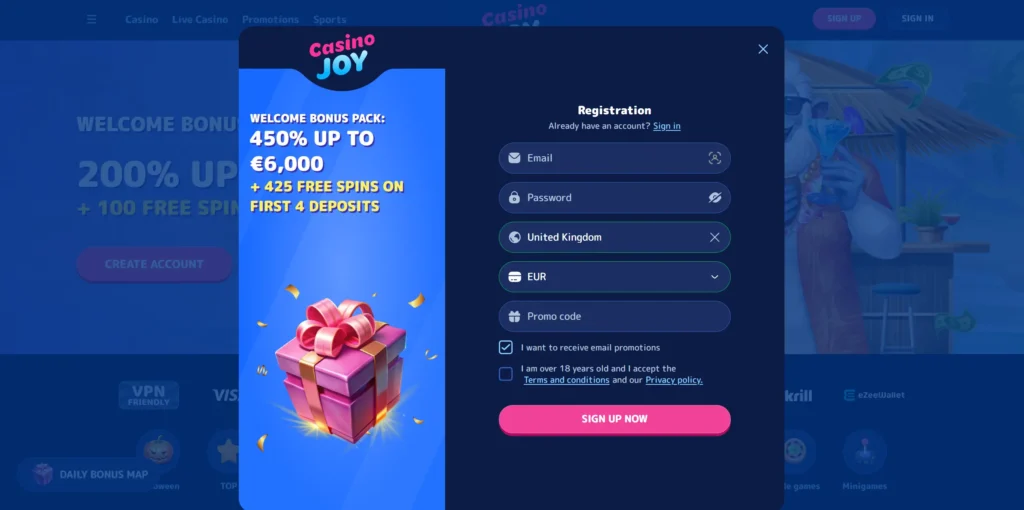 CasinoJoy registration form.