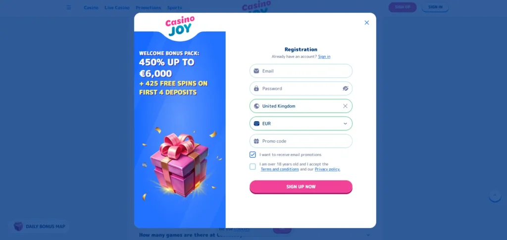 How to register at CasinoJoy casino.